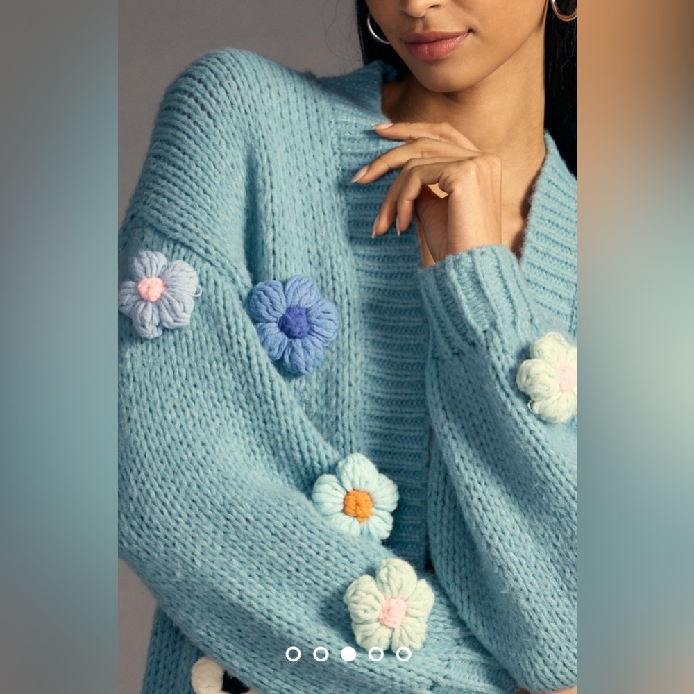 Anthropologie Duchamp Embroidered Chucky 3D Daisy Floral Knit Cardigan Sweater - Picture 2 of 11